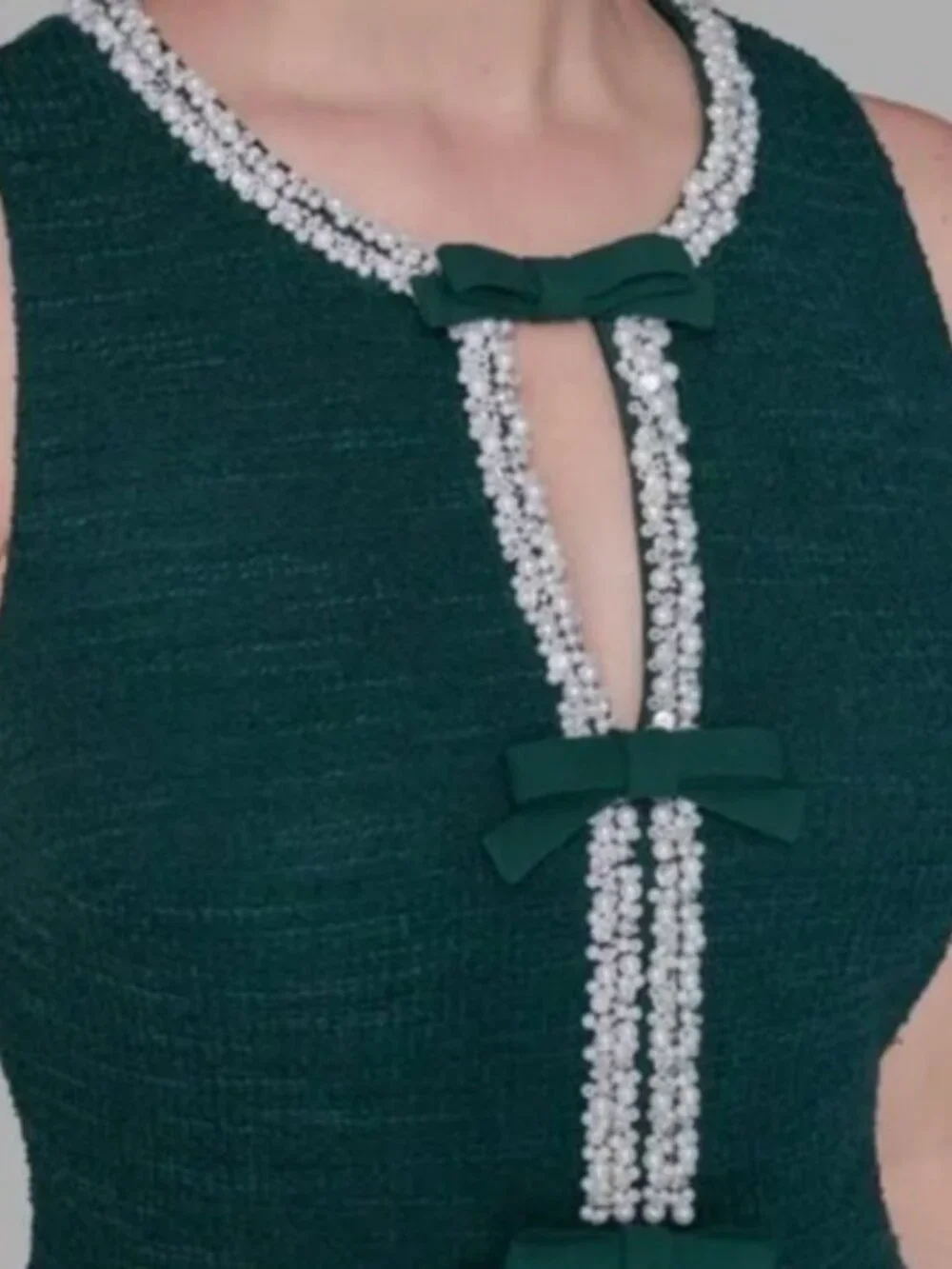 NWT KARL LAGERFELD PARIS Knit Tweed Flounce Hem Pearl Trim A-Line Dress - Picture 3 of 3